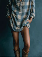 Selenie | Blue Plaid Henley Mini Dress