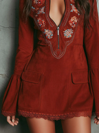 Aurolia Vintage Rust Red Bell Sleeve Embroidered Faux Suede Lace Mini Dress