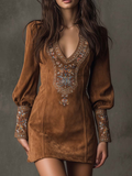 Izolda | Brown V-Neck Embroidered Mini Dress