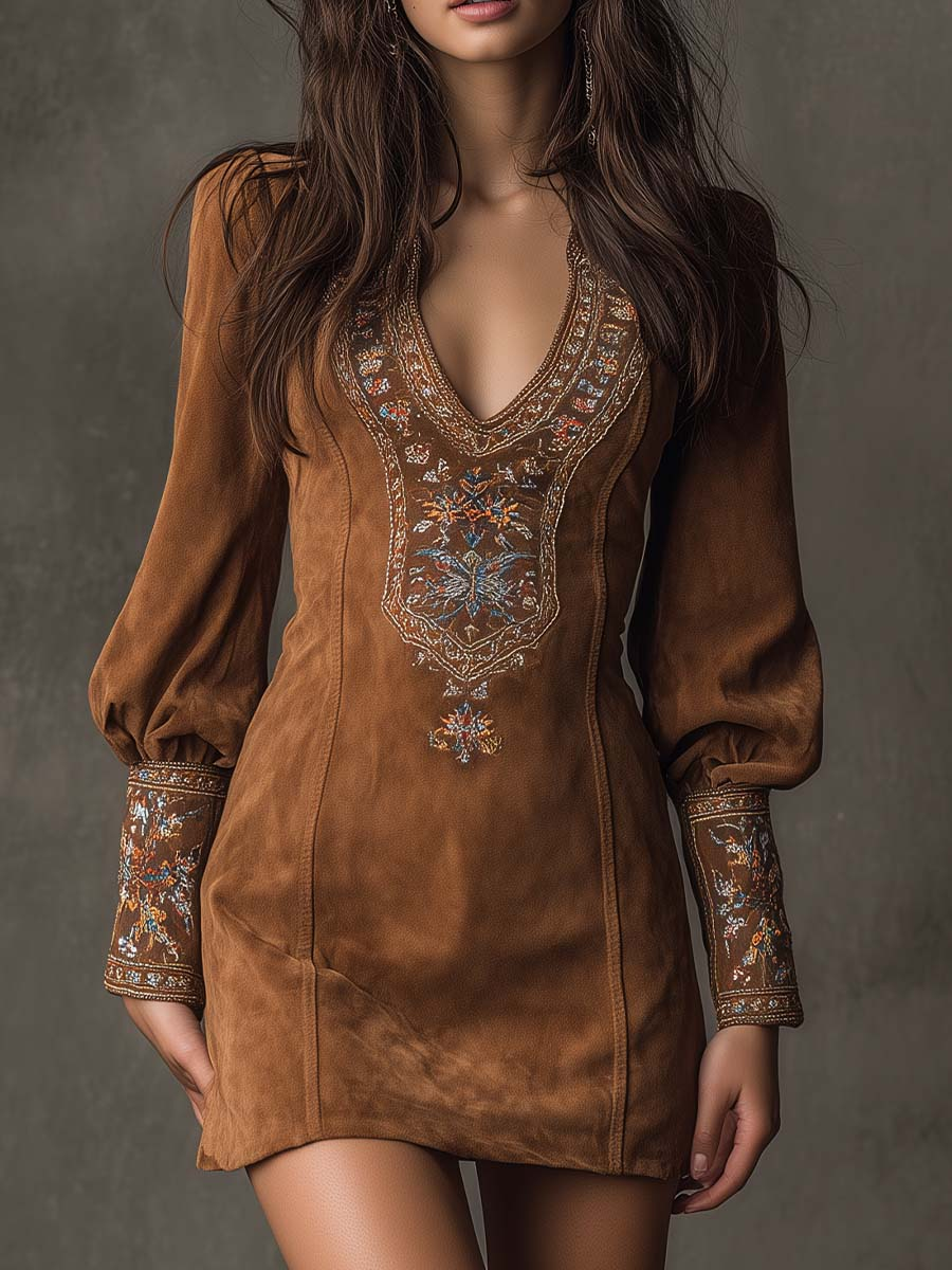 Izolda | Brown V-Neck Embroidered Mini Dress