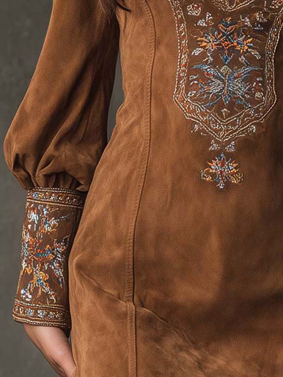 Izolda | Brown V-Neck Embroidered Mini Dress