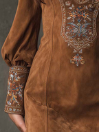 Izolda | Brown V-Neck Embroidered Mini Dress