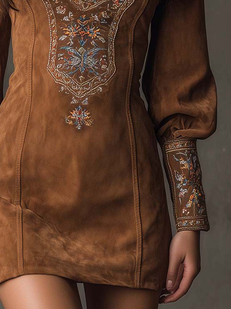 Izolda | Brown V-Neck Embroidered Mini Dress
