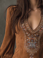 Izolda | Brown V-Neck Embroidered Mini Dress