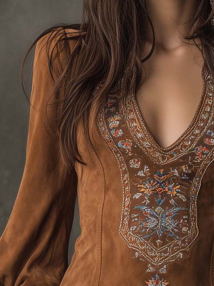 Izolda | Brown V-Neck Embroidered Mini Dress