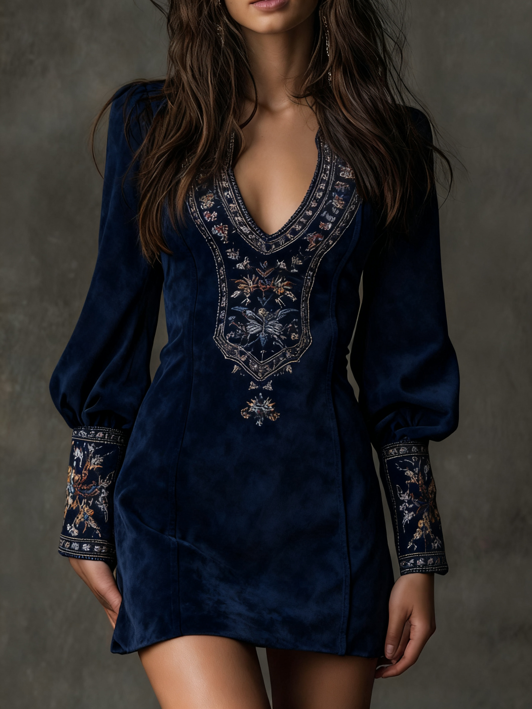 Izolda | Brown V-Neck Embroidered Mini Dress