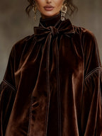 Celeste Dark Brown Velvet Mini Dress with Bow and Lantern Sleeves