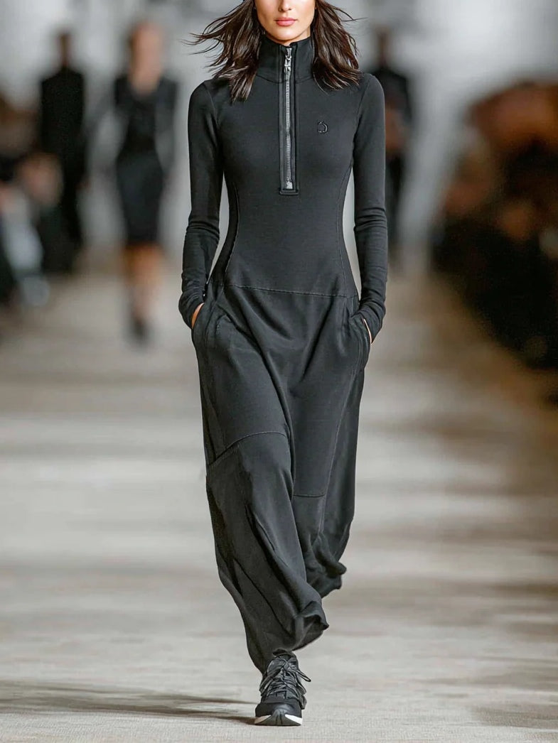Luna | Turtleneck Zip-up Loose-fitting Casual Maxi Dress