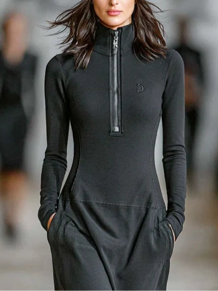 Luna | Turtleneck Zip-up Loose-fitting Casual Maxi Dress
