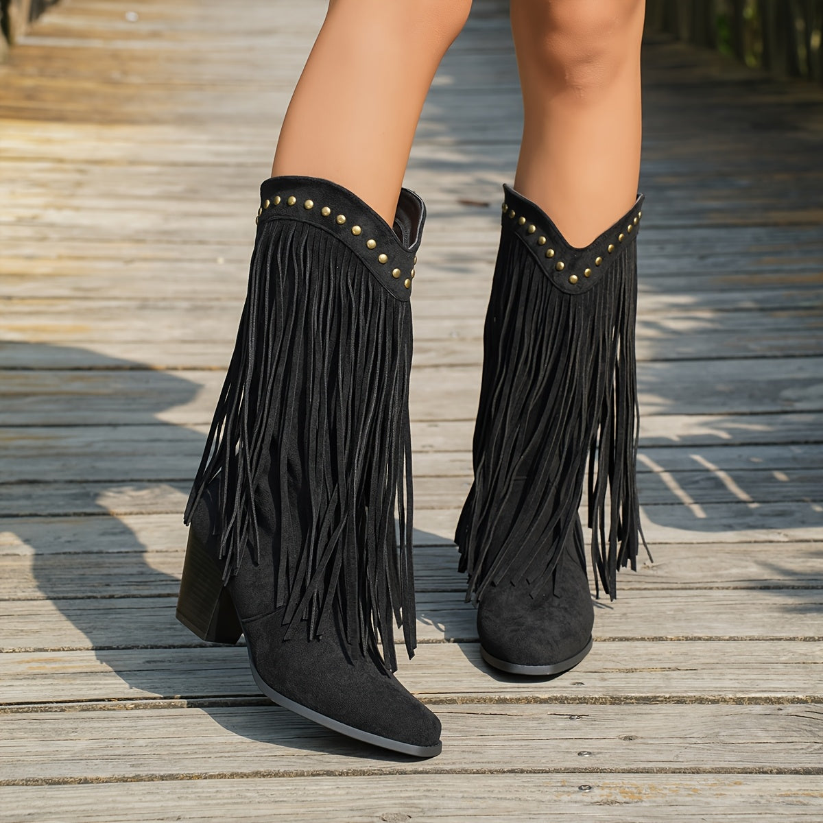 Vespa | Black Fringe Studded Western Cowboy Boots