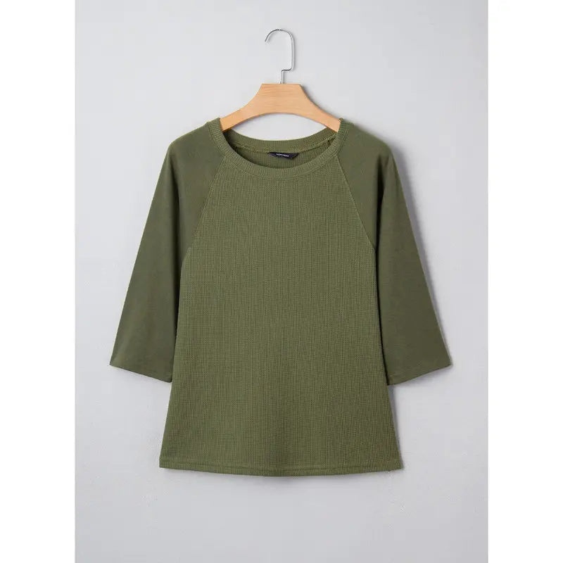 Dokotoo Womens Tops Spring Summer 3/4 Length Sleeve Fashion T Shirts for Women Crewneck Waffle Knit Casual Loose Tee Blouses