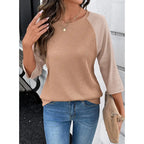 Dokotoo Womens Tops Spring Summer 3/4 Length Sleeve Fashion T Shirts for Women Crewneck Waffle Knit Casual Loose Tee Blouses