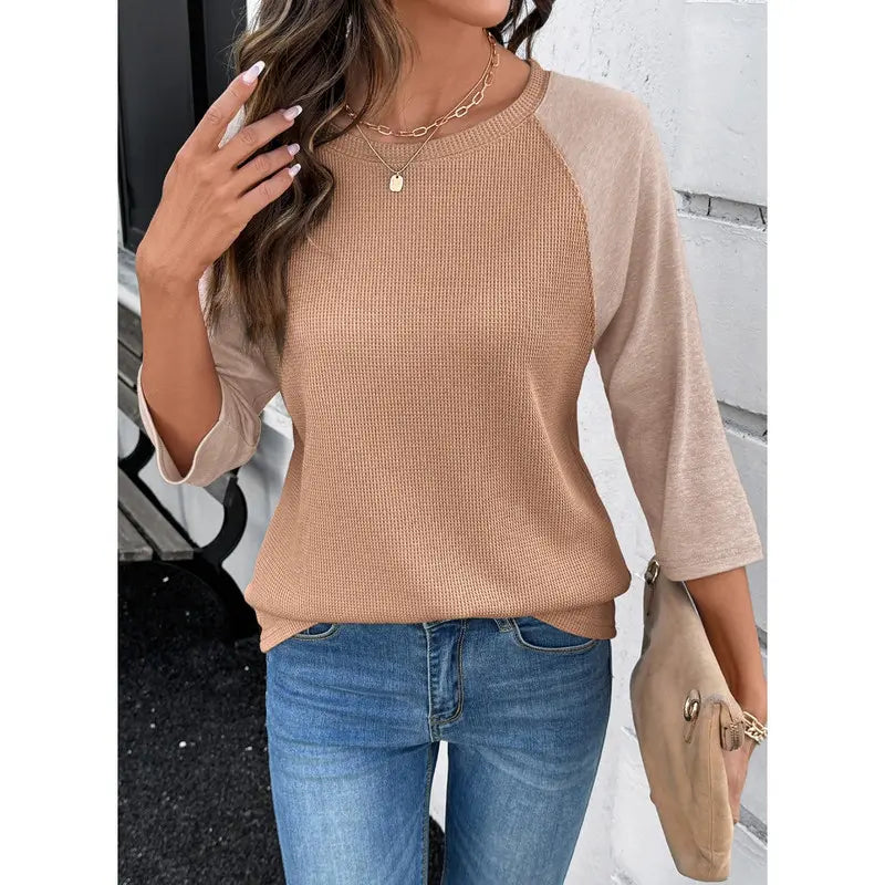 Dokotoo Womens Tops Spring Summer 3/4 Length Sleeve Fashion T Shirts for Women Crewneck Waffle Knit Casual Loose Tee Blouses