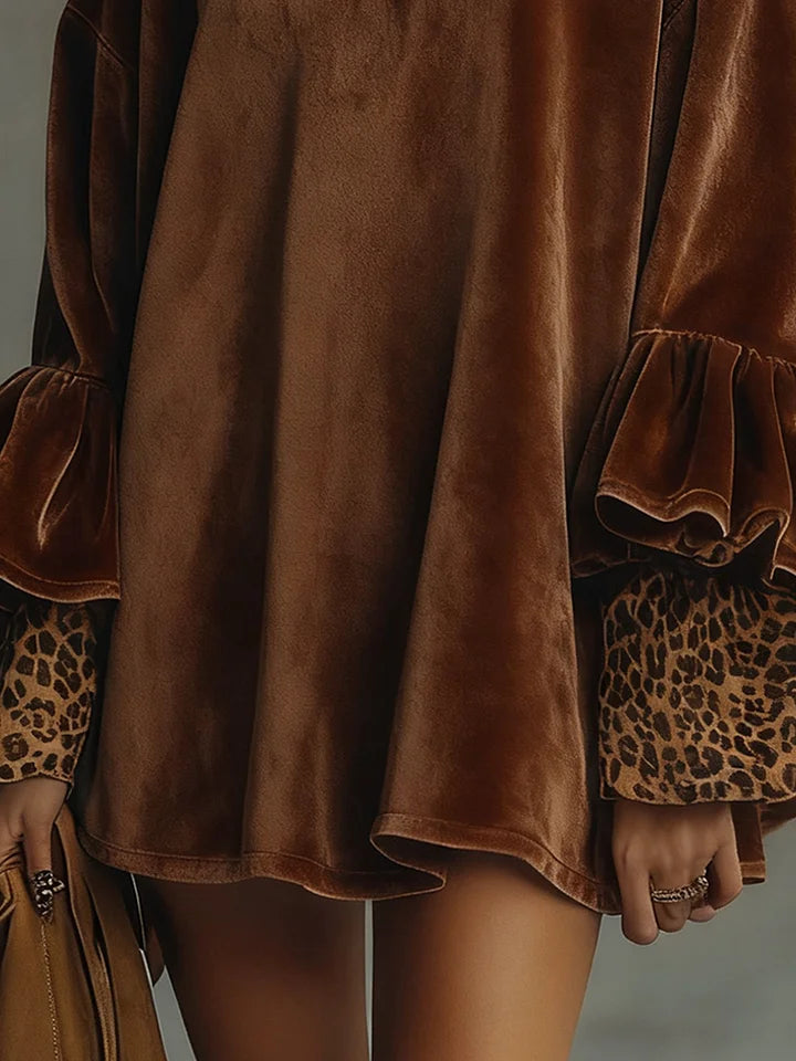 Ofelia | Velvet Leopard Cuff Flounce Sleeve Mini Dress