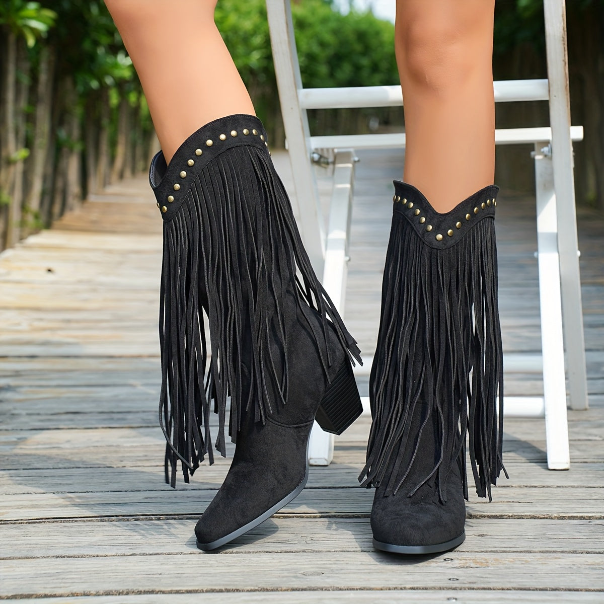 Vespa | Black Fringe Studded Western Cowboy Boots