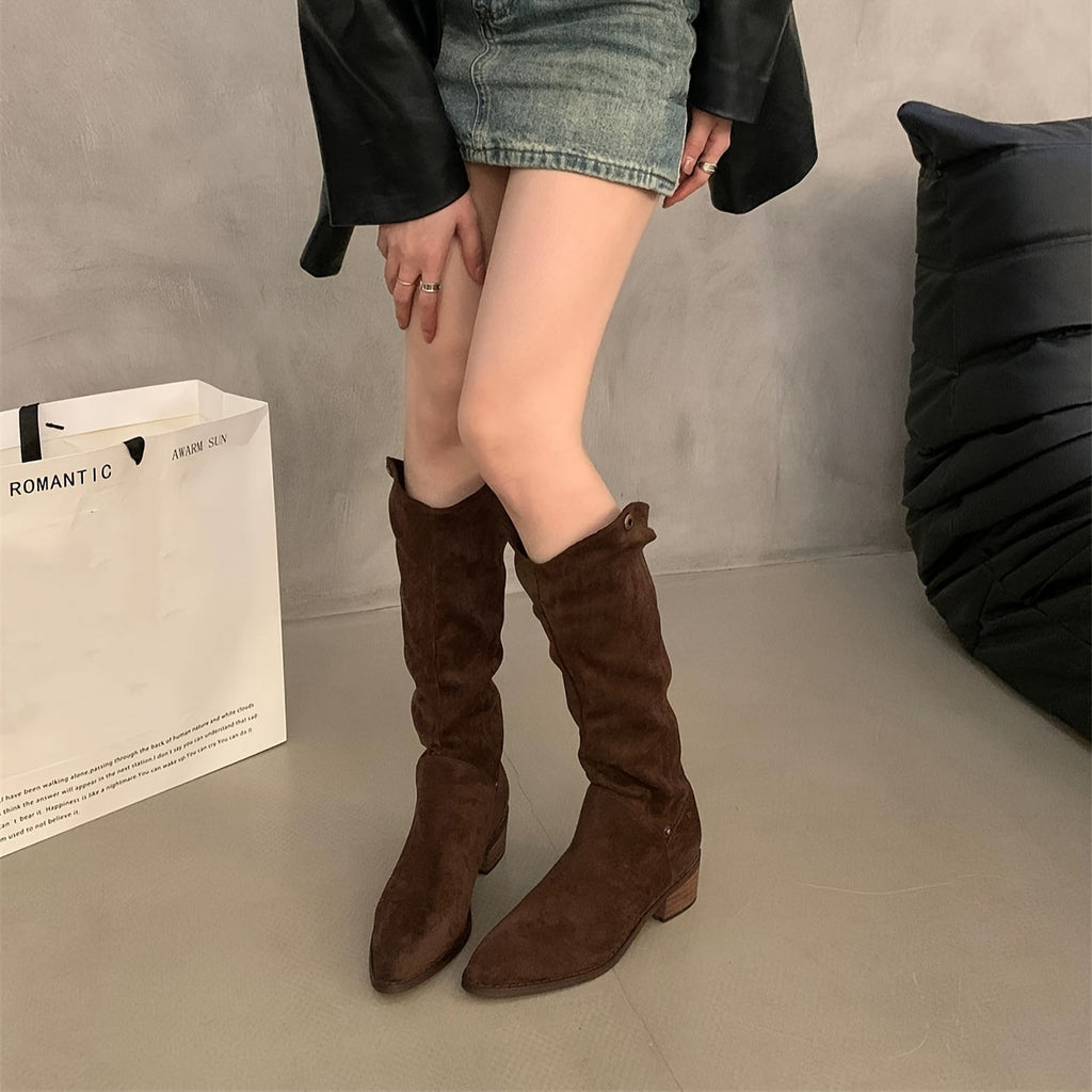 Evadne | Solid Color V-Shape Long Boots with Block Heel