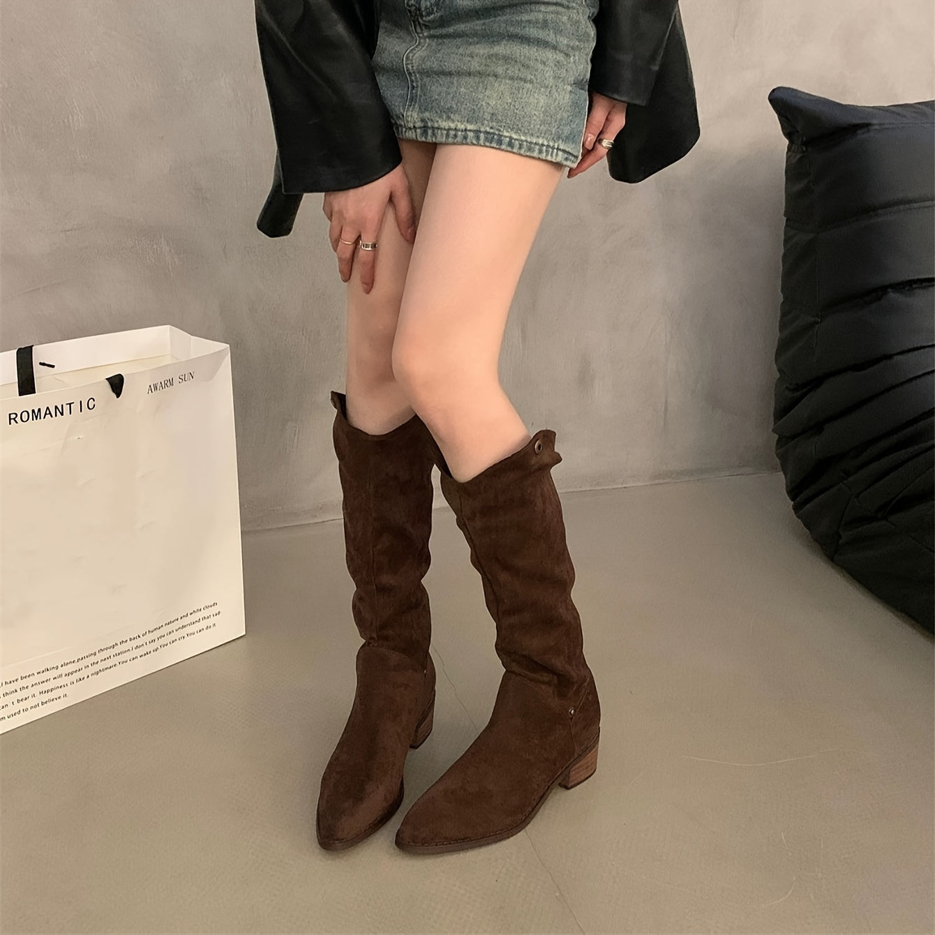 Evadne | Solid Color V-Shape Long Boots with Block Heel