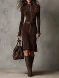 Roweno | Brown Vintage Zipper Belted Midi Dress (Includes belt)