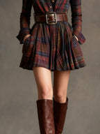 Zinnia | Vintage Lapel Red and Brown Plaid Mini Dress