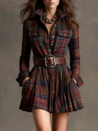 Zinnia | Vintage Lapel Red and Brown Plaid Mini Dress