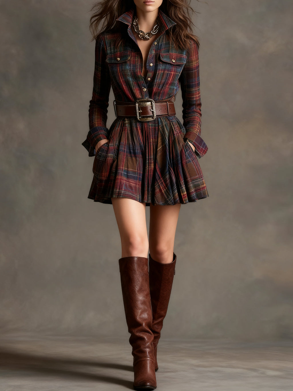 Zinnia | Vintage Lapel Red and Brown Plaid Mini Dress