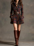 Zinnia | Vintage Lapel Red and Brown Plaid Mini Dress