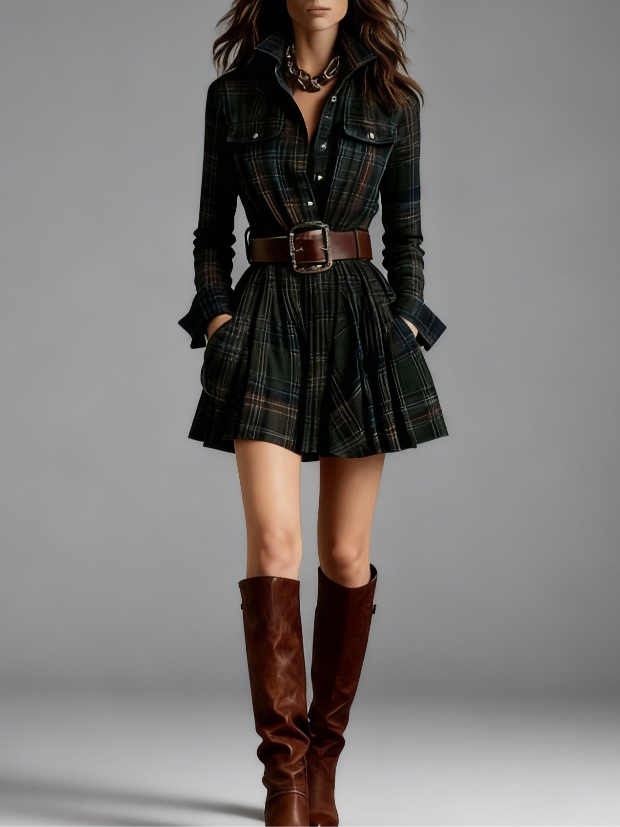 Zinnia | Vintage Lapel Red and Brown Plaid Mini Dress