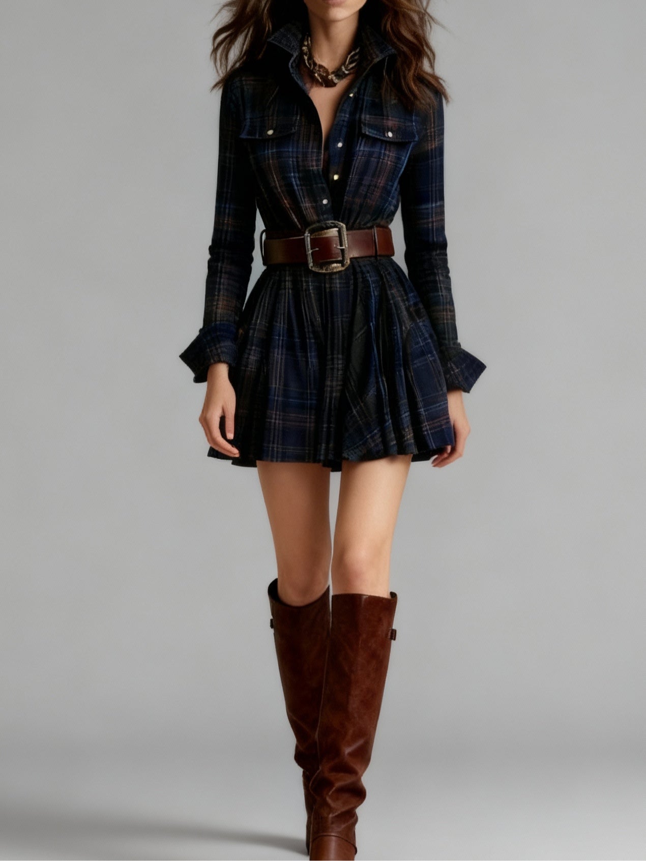 Zinnia | Vintage Lapel Red and Brown Plaid Mini Dress