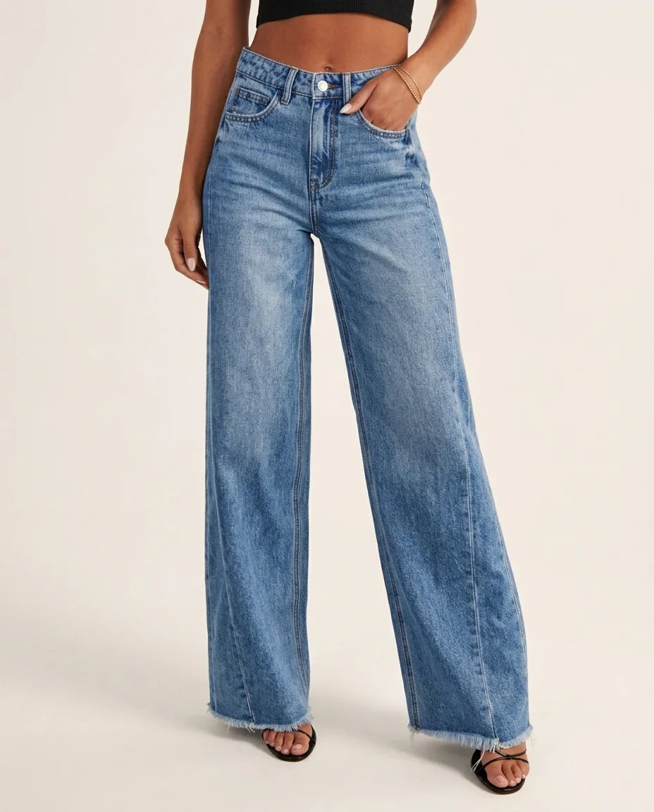 Rowan | Frayed-Hem Wide-Leg Jeans in KIM London product styling