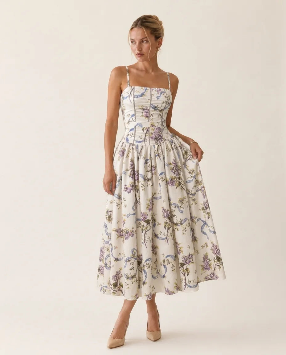 Stella | Floral Corset Midi Dress in KIM London product styling